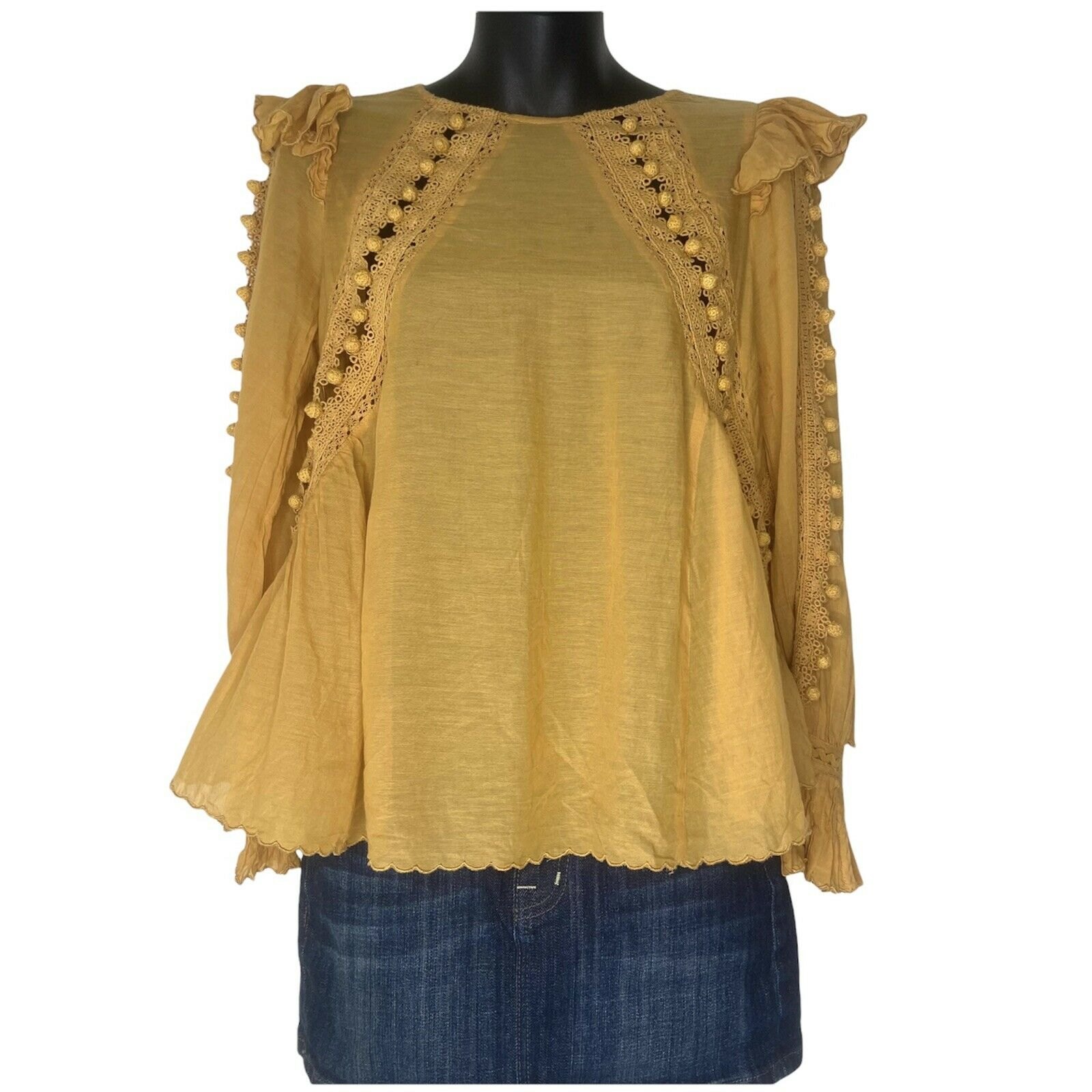 Mustard Pom Pom Eyelet Flutter Sleeve Top Sea New York Blouse Women's Size 2